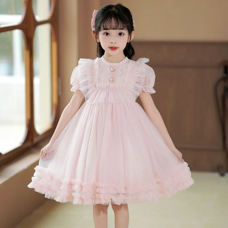 

A.Girls' Spring and Autumn New Fashionable Short Sleeve Tulle Tutu Dance Performance Dress Princess Dress