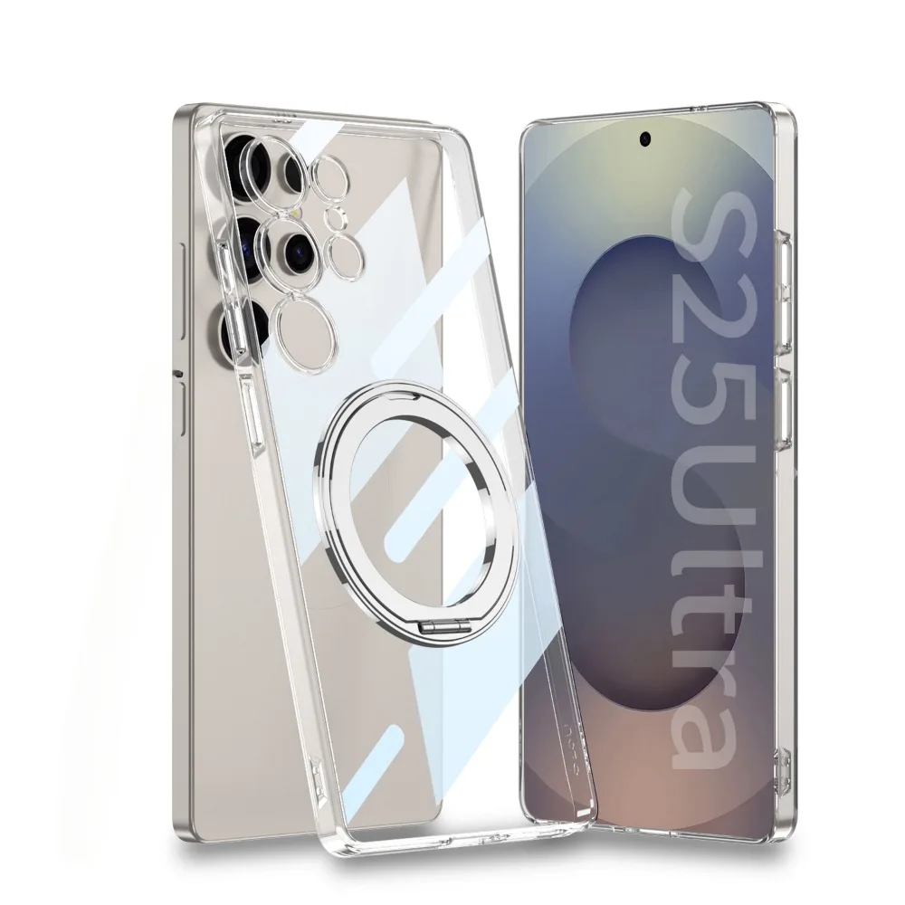 

Electroplating Transparent Magnetic Phone Case for Samsung Galaxy S25 Ultra Rotating Bracket Hard Shell Shockproof Cover