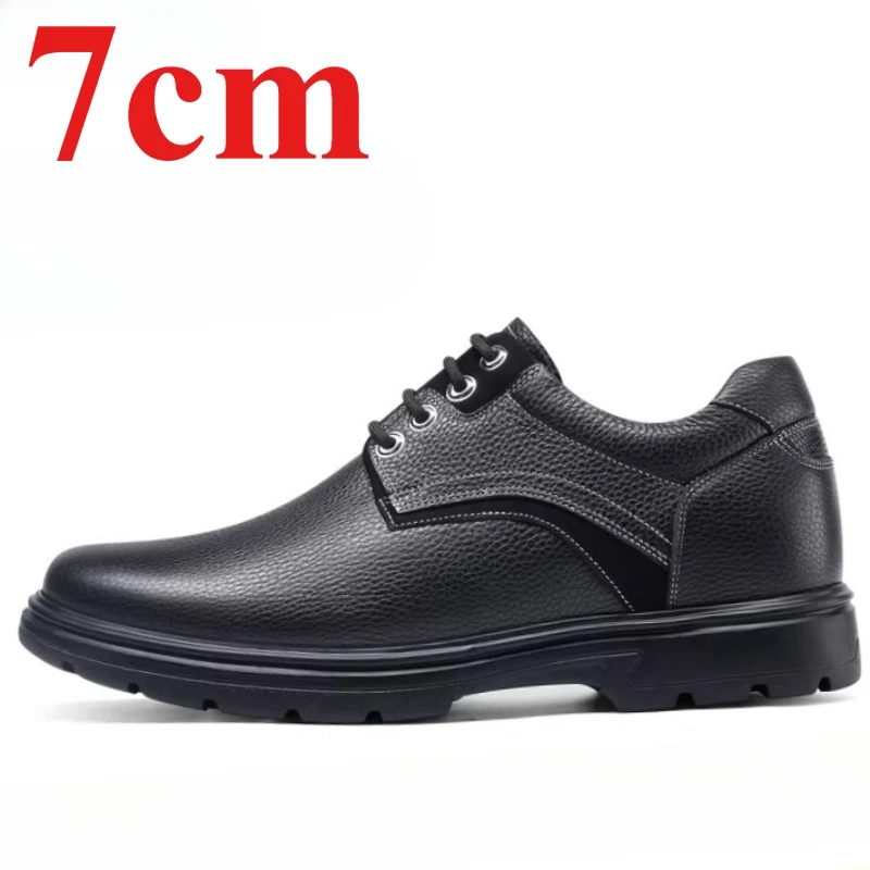 Genuine Leather Men's Dress Dad Shoes 7cm Elevator Shoes Business Breathable Comfortable Height Increasing Wedding Derby Shoes