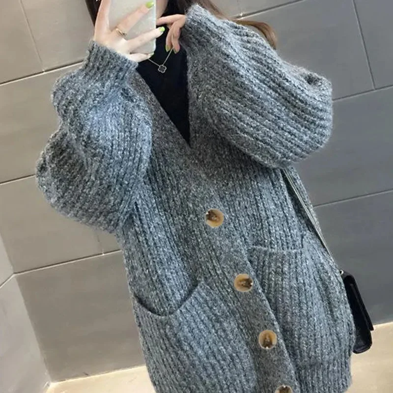 Fashion Sweater Woolen Jacket Women's Autumn Winter Mid-Length Thick Korean Loose Lazy Knit Cardigan Female Sweater Porket