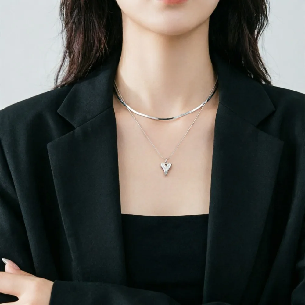 Fashion Double Layered Love Heart Pendant Necklace for Women Silver Color Simple Neck Chain Choker Y2k Jewelry Birthday Gifts