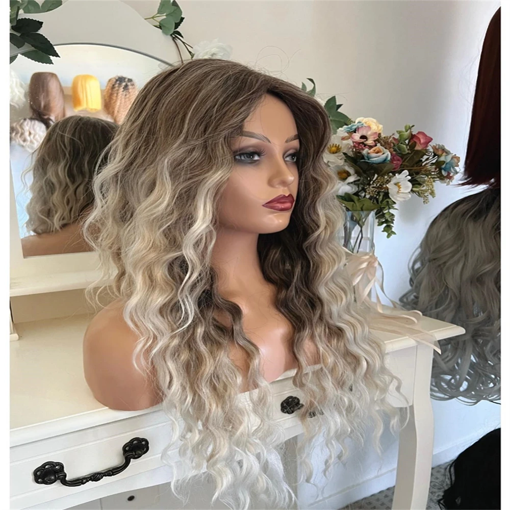 Highlight Ombre Ash Platinum Blonde Color Curly Synthetic Lace Front Wig  Women Heat Resistant Hair Preplucked Hairline 22 Inch