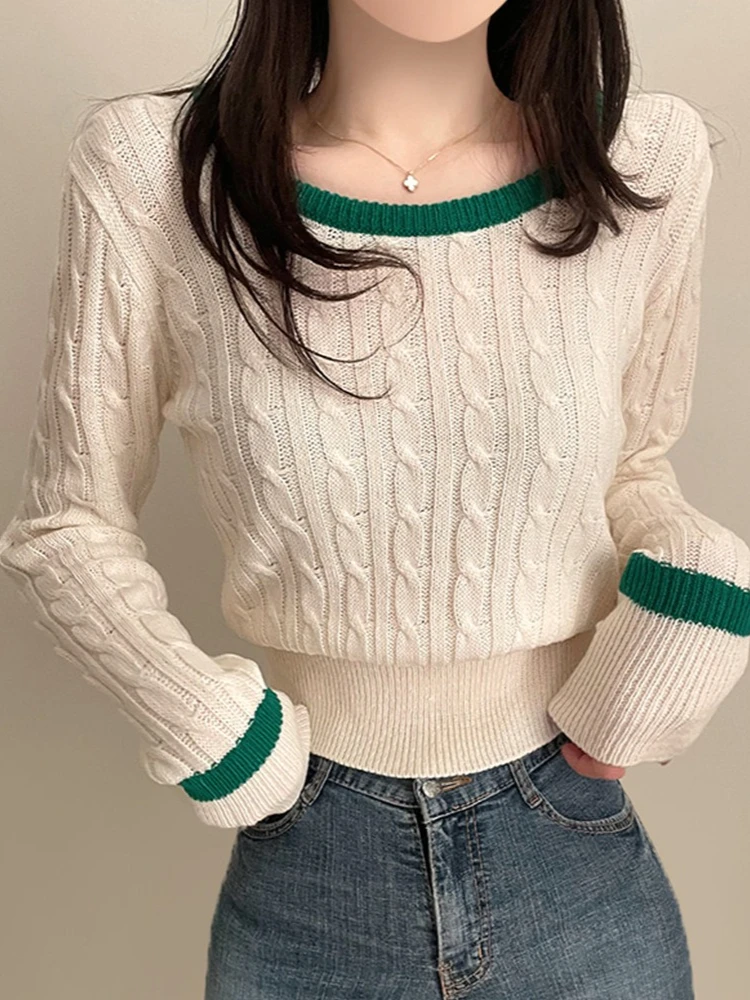 

Korobov Корейские повседневные вязаные топы с круглым вырезом и длинными рукавами в стиле пэчворк, короткие универсальные повседневные вязаные топы Pull Femme