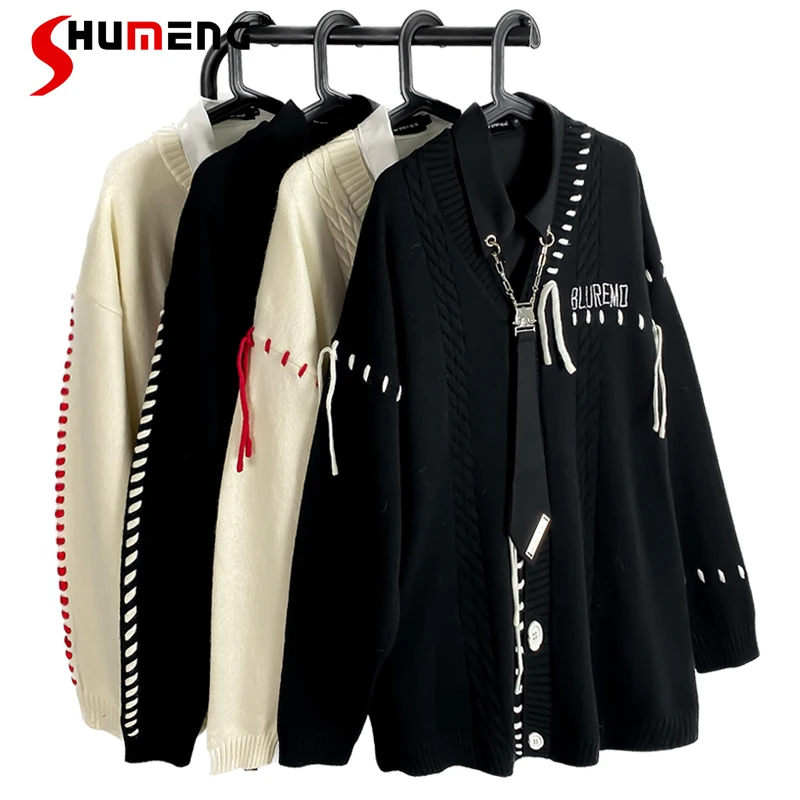 

Fashion Design Lace-up Cardigan Sweater Men And Women College Style Couple Knitted Jacket Long-Sleeved Loose Knitwear Clothes