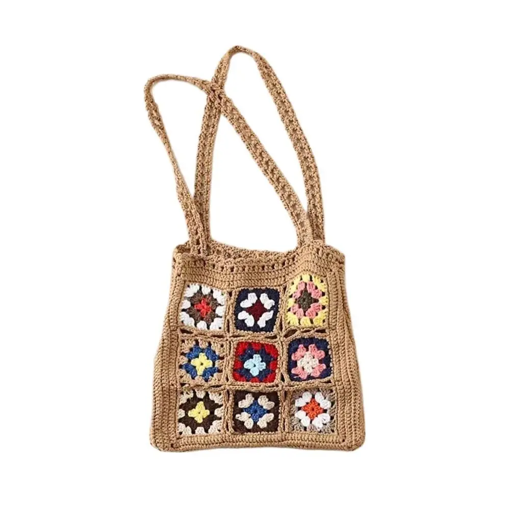 

Retro Leisure Mixed Color Flower Block Handmade Crochet Weaving Bag Grid Shoulder Bag Summer Shoulder Bag