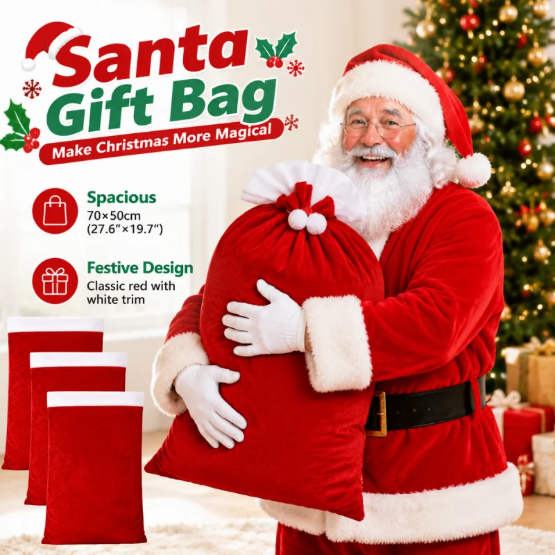 Santa Claus Gift Bag - 70x50cm Capacity Rope with White PompomParty Favor for Christmas Candy, Holiday Event Supplies for Kids
