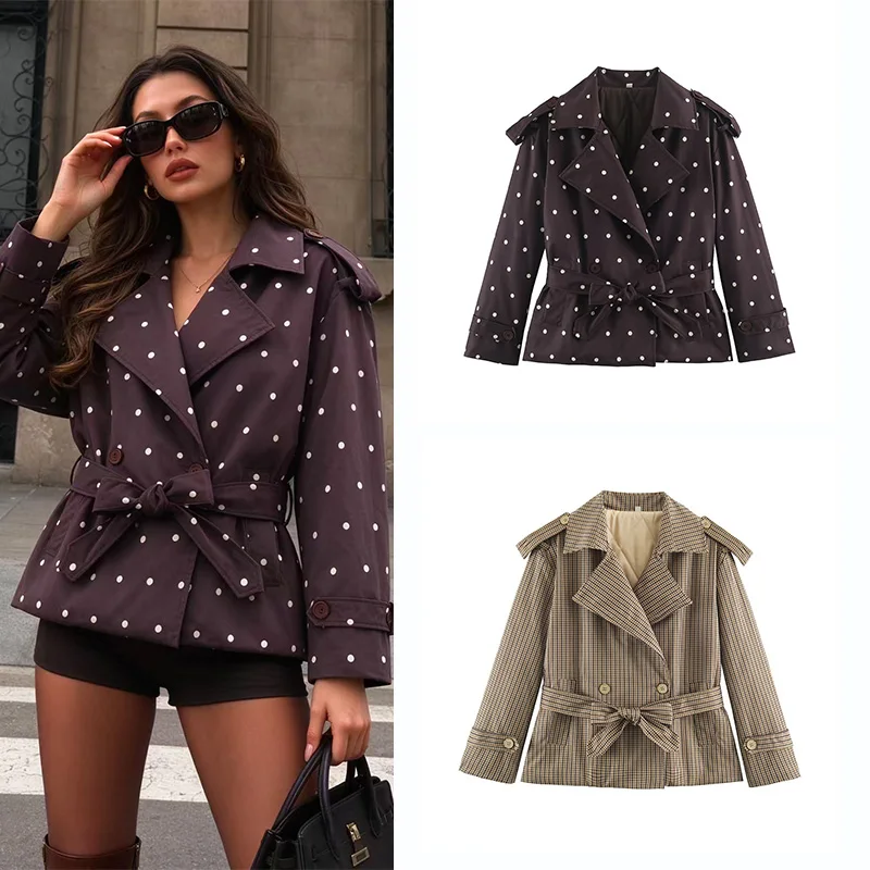 SLTNX  women's clothing simple fashion casual double breasted belt short wave point and houndstooth add cottonwindbreaker jacket