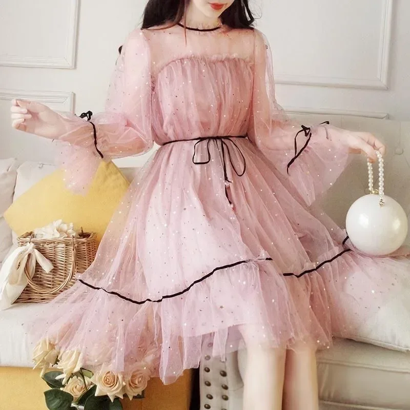 Mesh Dresses Women Patchwork Sequined Holiday O-Neck Spring Korean Style Elegant Vestido Feminino Sweet College Female Popular