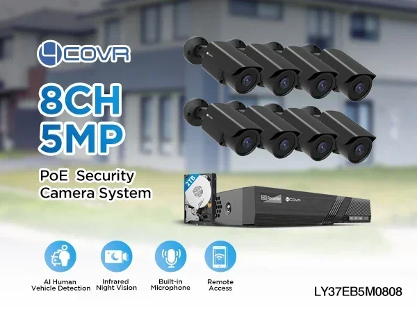 8 Channel 4K PoE NVR Security System 2TB HDD 8X 5MP IP67 Bullet PoE Camera 24/7 Recording Night Vision Human Vehicle detection
