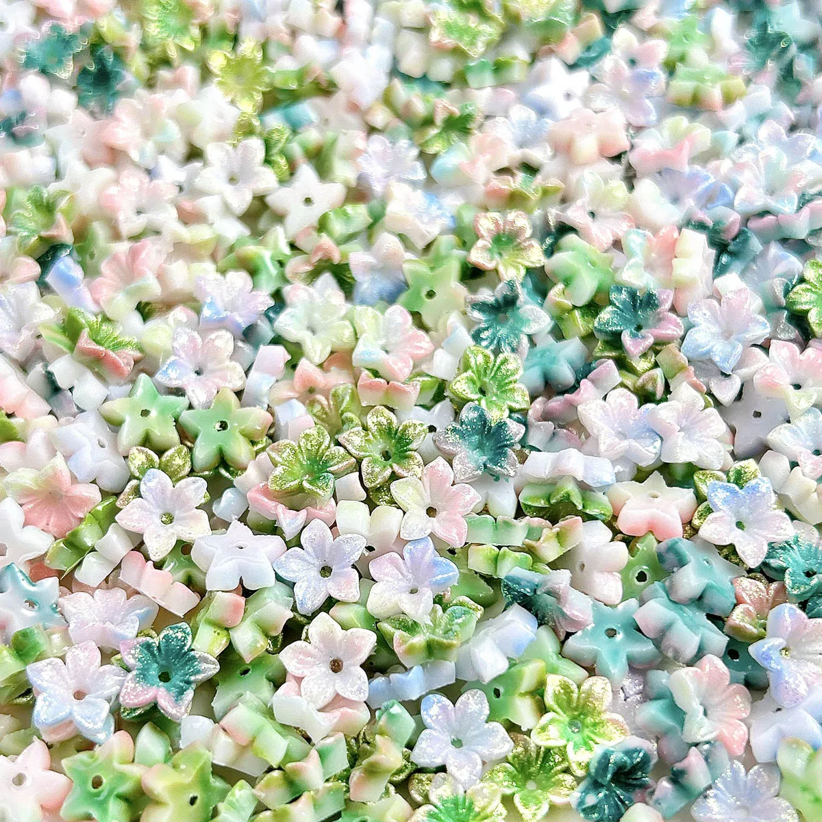 60PCS New Creative Perforated Five Petal Flowers Resin Nail Art Decorations 3D Colorful Shinny Luminous Blossoms Nail Charms DIY