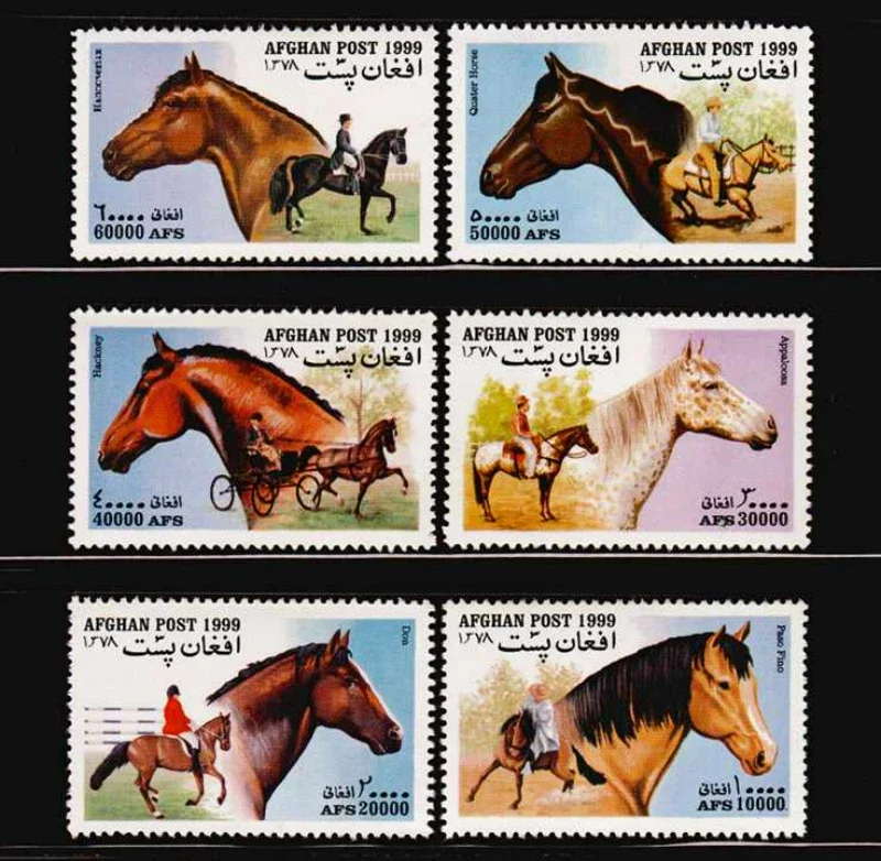 6 PCS/Set,  Afghanistan Post Stamp, 1999, Horse Stamps, Animal Stamps, Real Original Stamps for Collection, MNH