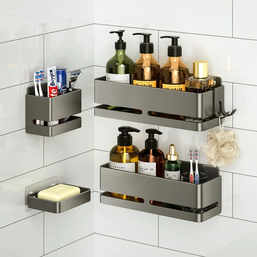 

Bathroom Shower Caddy 5Piece Set Storage Rack, WallMounted Shelf with soap Dish and Toothbrush Holder, no Drilling Required, Ide