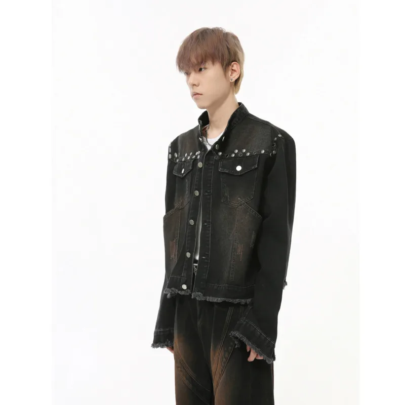 [OIMG] Men's Autumn New Product Niche Heavy Industry Rivet Metal Decorative Edge Stand Up Collar Cowboy Coat