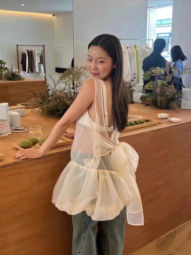 

Clothland Women Stylish Transparent Tank Top Back Bow Tie Lace Up Sleeveless Shirt Summer Sexy See Through Tops Mujer WA320