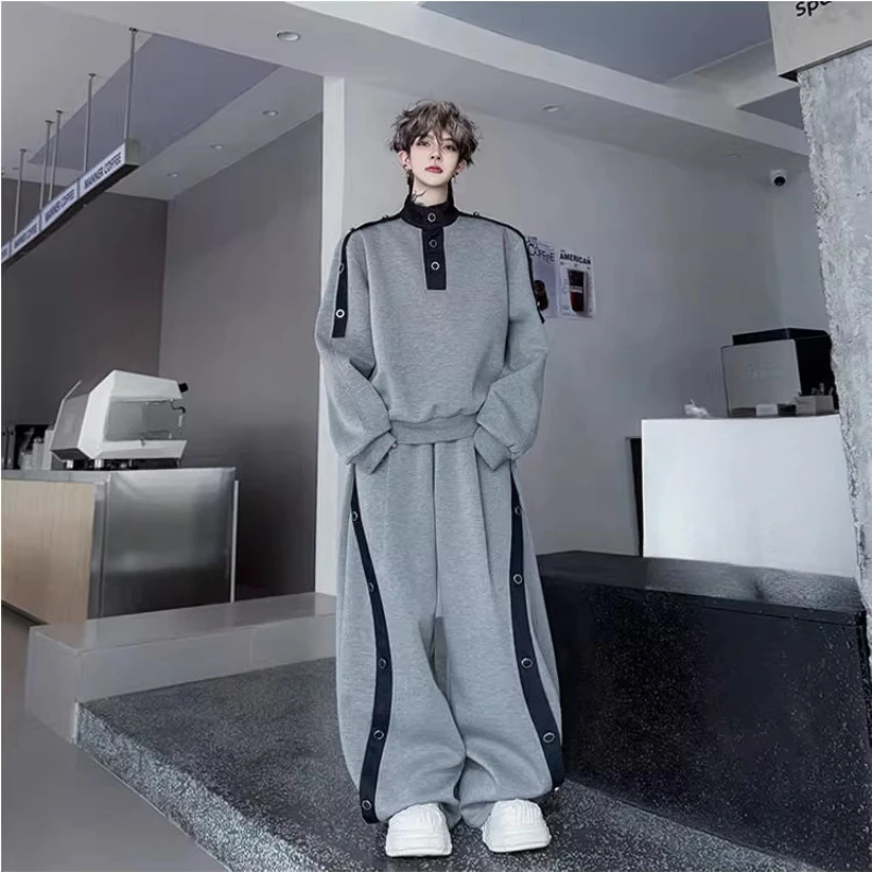 2025 Autumn New Trendy 2pcs Male Stand Collar Splicing Long Sleeve Denim Sweatshirt Sets Men High-end Wide-leg Curved Pants Sets