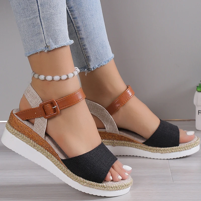 Women's Sandals Peep Toe Wedges Heels Sandals 2025 Summer Shoes Woman Low Platform Sandalias Mujer Non-slip Hemp Heeled Shoes