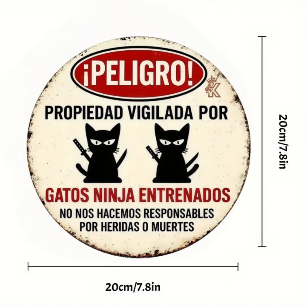 2D Fun Ninja Cat Round Wooden - Retro Spanish Danger Sign, Suitable for Home, Door, Office, Cafe, Courtyard Decoration, Gift