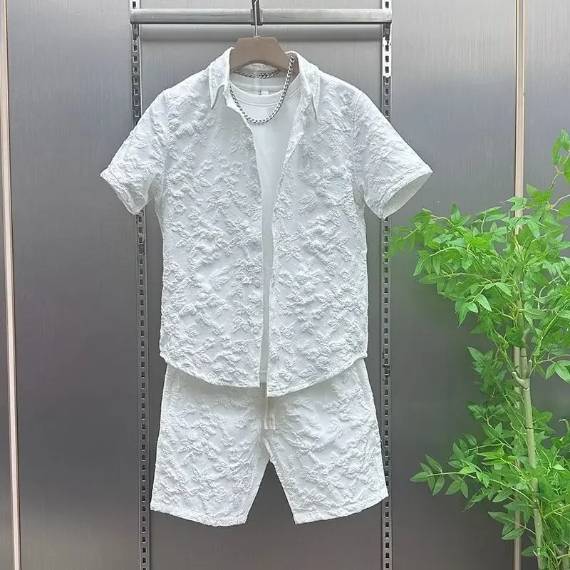 

2025 Summer New Relief Couple Thin Casual Two-piece Suit Men's Lapel Shirt Short Sleeve Trendy Shorts Comfortable Skin-friendly