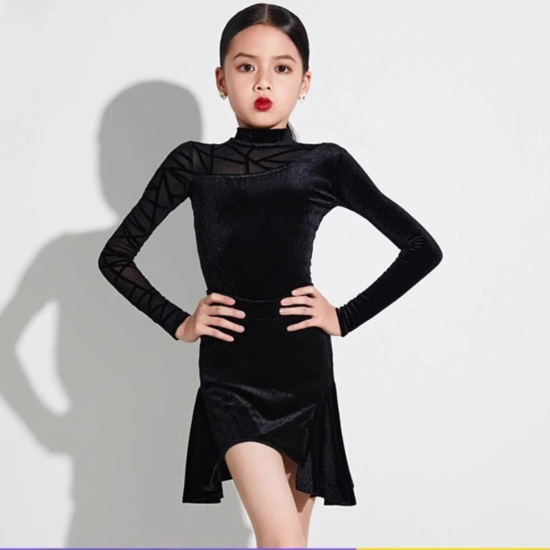 

black Latin Dance Rules Competition Clothing Velvet Girls High Grade Children's Dance Exam Performance Clothing
