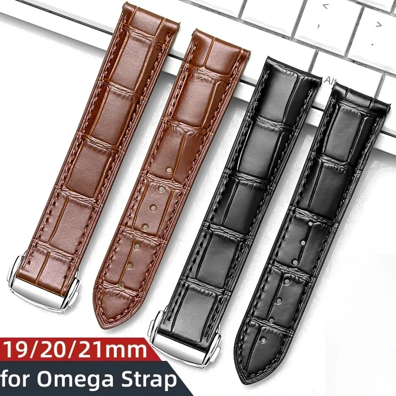 19mm 20mm 21mm Calfskin Watch Strap for Omega Watch Band for Seamaster Speedmaster 300 Wristband Cowhide Bracelet Folding Buckle