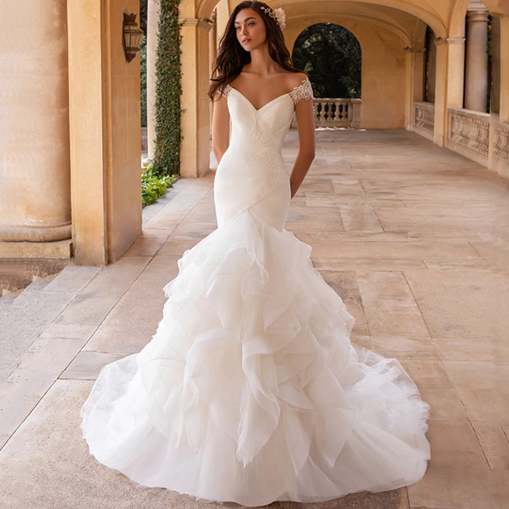 Bridal Mermaid Wedding Dress Classic V-Neck with Pleat and Applique Short Sleeves Backless Ruffles Sweep Train Bride Gowns