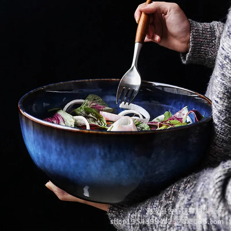 Blue 9-inch Salad Bowl Gradient Color Ceramic Bowls Tableware  Noodles Salad Soup Big