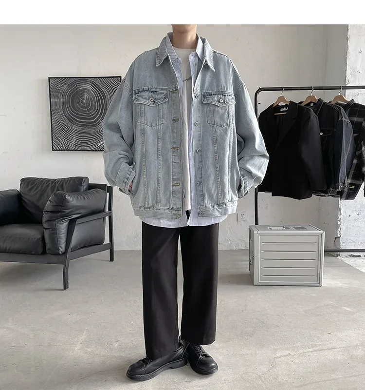 Autumn Denim Jacket Men School Coat Turn Down Collar Jeans Coats Multi-pockets Overalls Streetwear Loose Casual Men Clothing Top