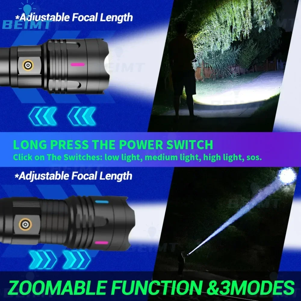 Super Bright Whtie Laser LED Zoomable Flashlight Type-C Charging Tactical Torch Multi Functional Outdoor Hiking Camping Handlamp