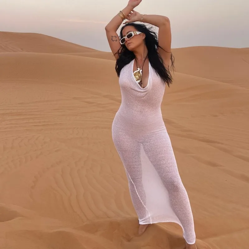 Robe Maxi transparente à capuche pour femmes, Sexy, attrayante, dos nu, col oscillant, façonnant le corps, vacances, nouveau Coeuqtte moulante