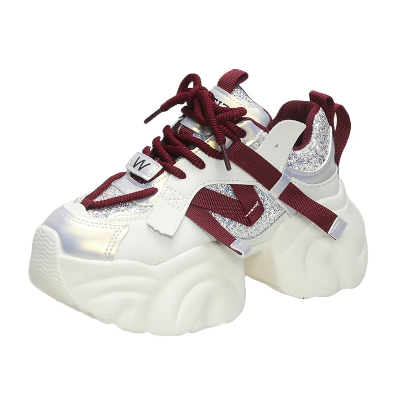 

Толстые кроссовки, женские осенне-весенние туфли на толстой подошве, вулканизированная обувь на высокой платформе, блестящая повседневная спортивная обувь для папы