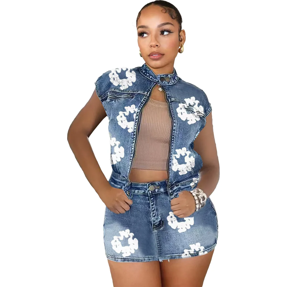 Streetwear Jeans Mini Skirt Set Sexy Women Elegant Two Pieces Denim Club Matching Set Top+Cargo Skirt