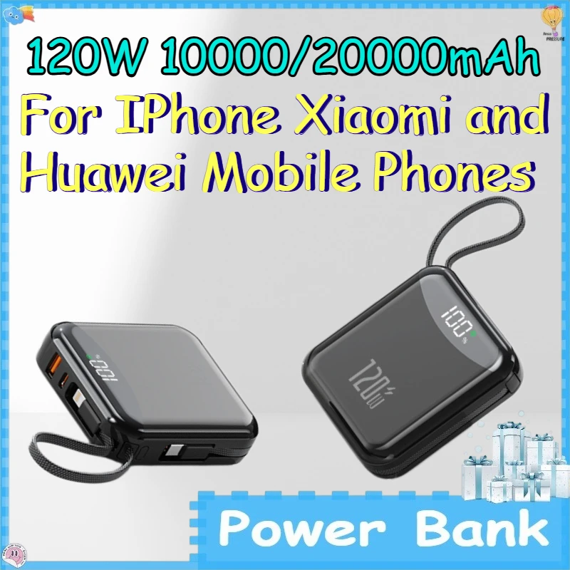 120W 10000/20000mAh Power Bank for IPhone Xiaomi and Huawei Mobile Phones Portable Powerbank with Built-in Cable
