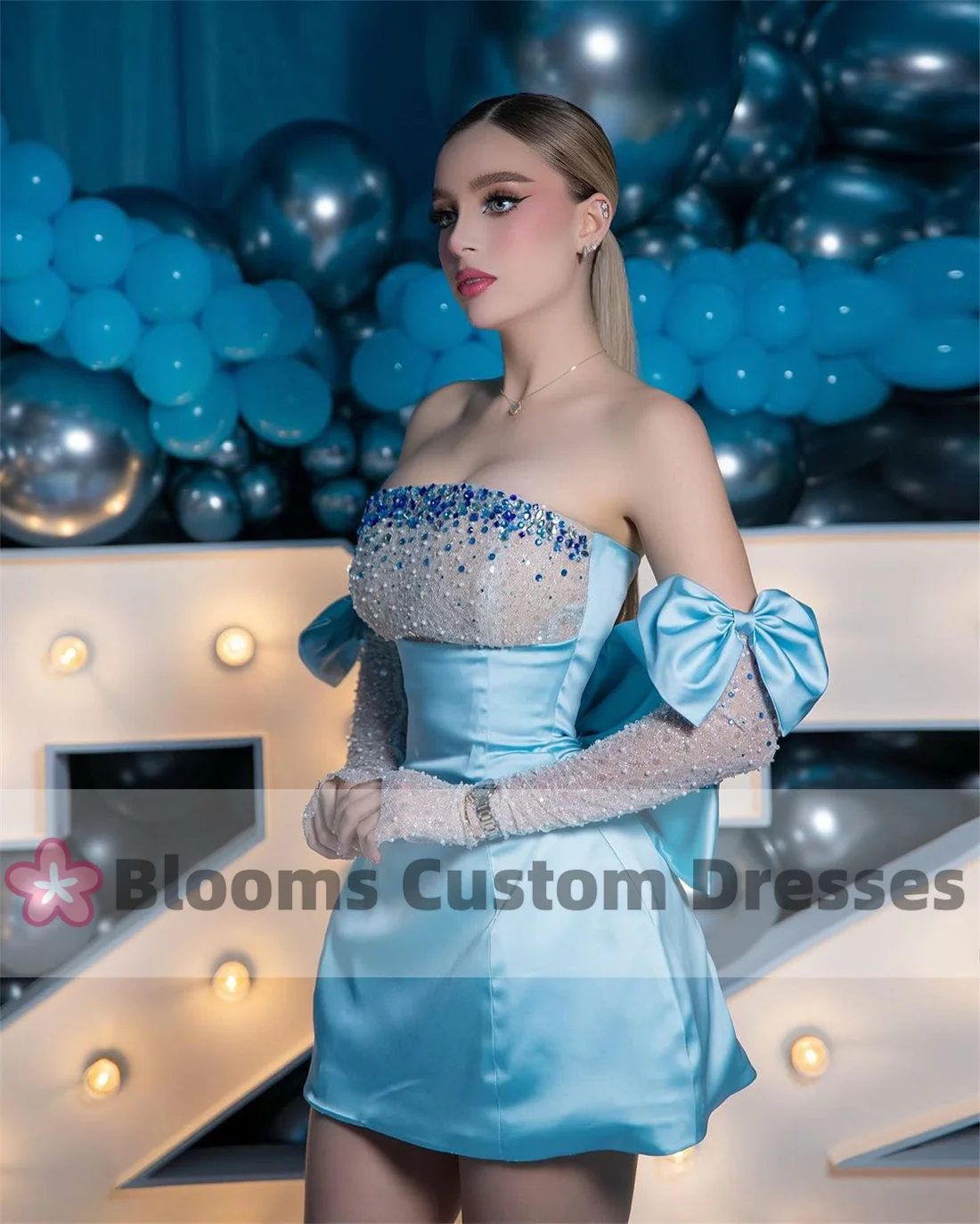 Blooms Glitter Beads Strapless Mini Customized Evening Dresses Satin Prom Dress Bow Above Knee With Gloves Cocktail Party Gown