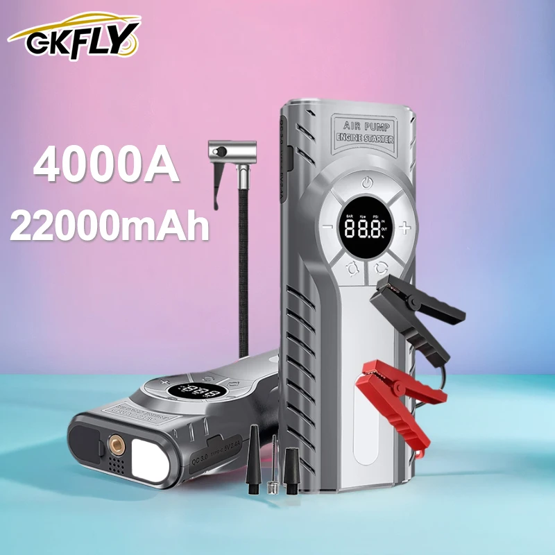 

GKFLY 4 In 1 2500A Jump Starter Power Bank 22000mAh 150PSI Air Compressor Tire Pump Portable Charger Car Booster Starting Device
