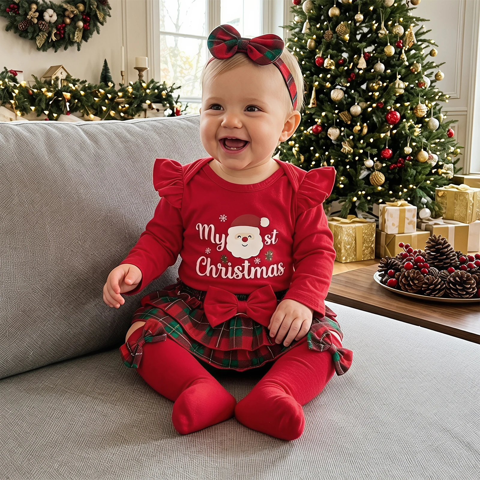 Baby Girl My First Christmas Outfit Long Sleeve Romper Skort Headband Stockings Xmas Costume Set