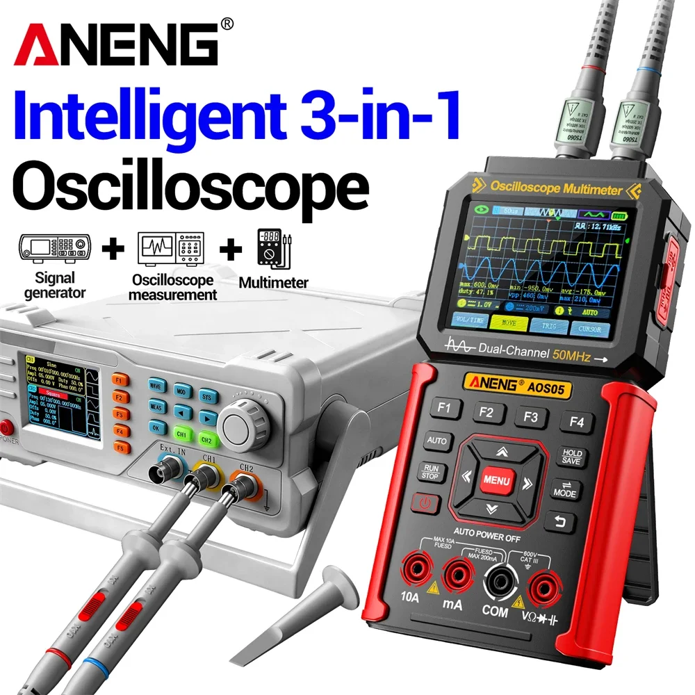 ANENG 3-in-1 Dual-channel Oscilloscope 25000 Count 50MHz Bandwidth 200MSa/s Sampling Rechargeable Smart Automatic Detector AOS05