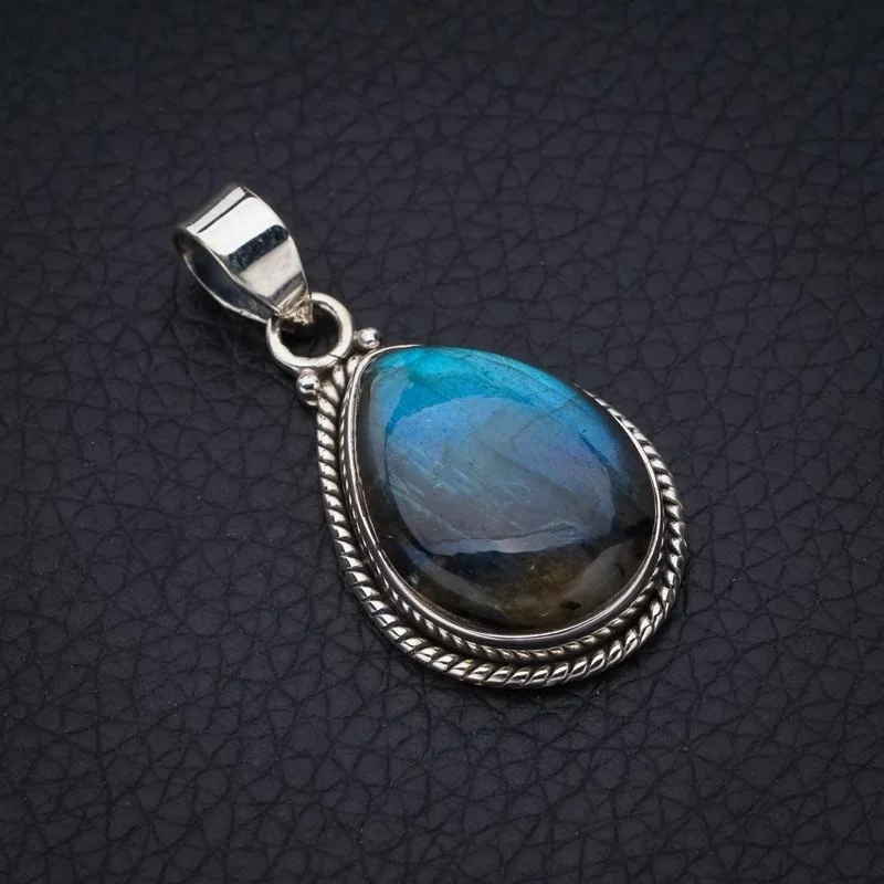 StarGems Natural Blue Fire Labradorite  Handmade 925 Sterling Silver Pendant 1.5