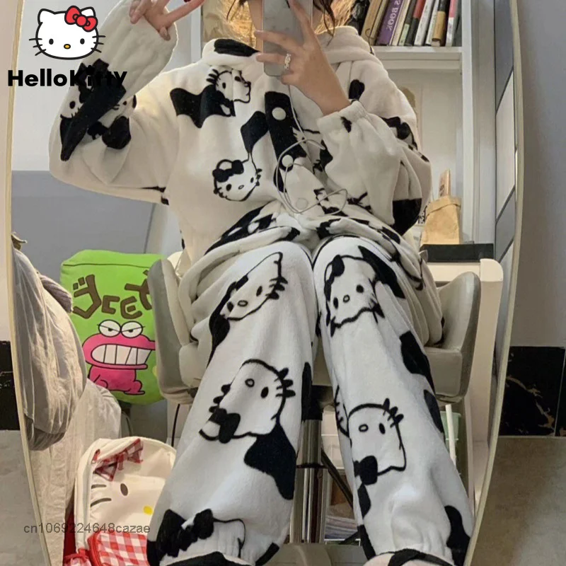 Sanrio Hello Kitty New Pajamas Kawaii Soft Plush Tops Hoodie Trousers 2 Piece Set Women Fluffy Sleepwear Suit Y2k Home Clothes