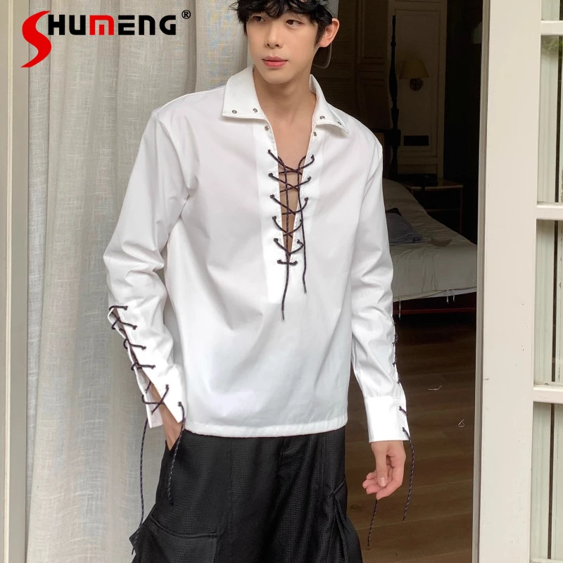 

Men's 2025 Four Seasons Wear Lace-Up Design Shirts Contrast Color Loose Comfort Polo Shirts Fashion Versatile Long Sleeve Tops