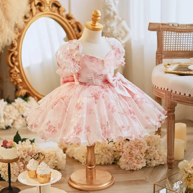 

New Elegant Girl Evening Party Dress Vintage Princess Flower Dress for Wedding Kids Birthday Holy Communion Formal Gala Gow