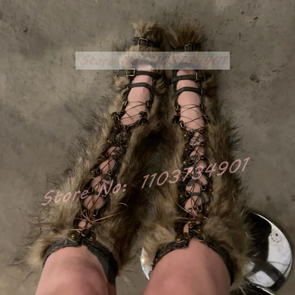 Denim Binded Lace Up Furry Boots Hot Girl Praty Round Toe Buckle High Heels Knee Length Shoes Female Fashion Nightclub Boots