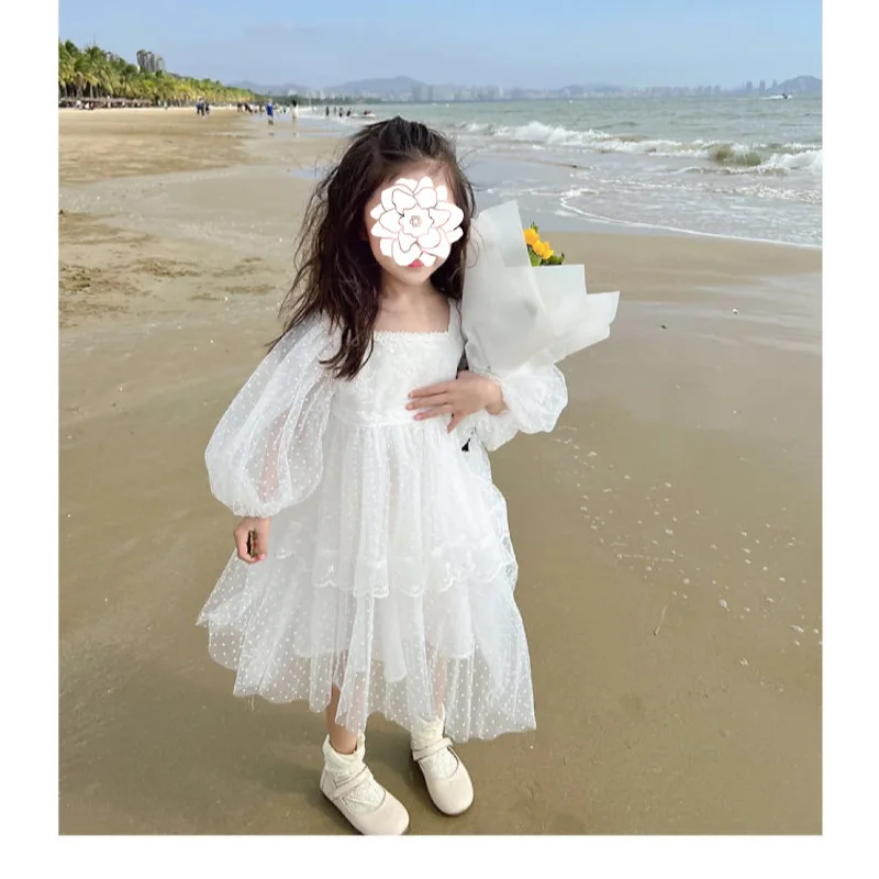 Girls' Summer Dress 2024 New Long Sleeved Beachwear Baby Gauze White Birthday Dress Kids Clothes Children's Princess Dress