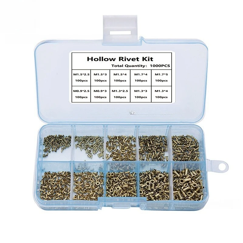 1000Pcs Brass Hollow Rivets Assortment, Through Hole Copper Rivets M0.9 M1.3 M1.5 M1.7