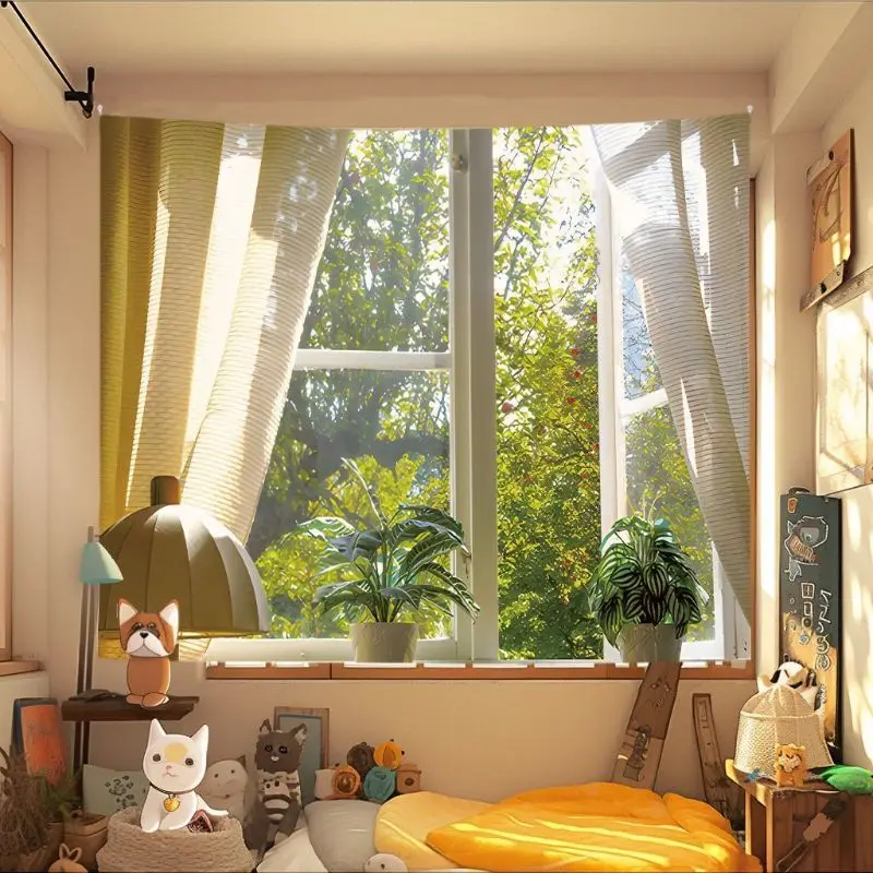 VIKAMA Cozy Window Cat Doll Wall Tapestry Green Plant Healing Home Decor Vintage Style Soft Durable Aesthetic Gift Washable Cute