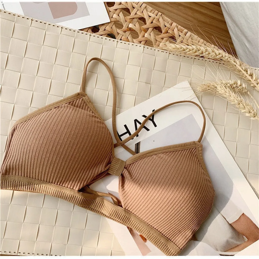 Hollow Out Cami Bra Elastic Crisscross Back Bra Women'S Bandeau Bra Ribbed Seamless Daily Lingerie For Home Cami Outerwear
