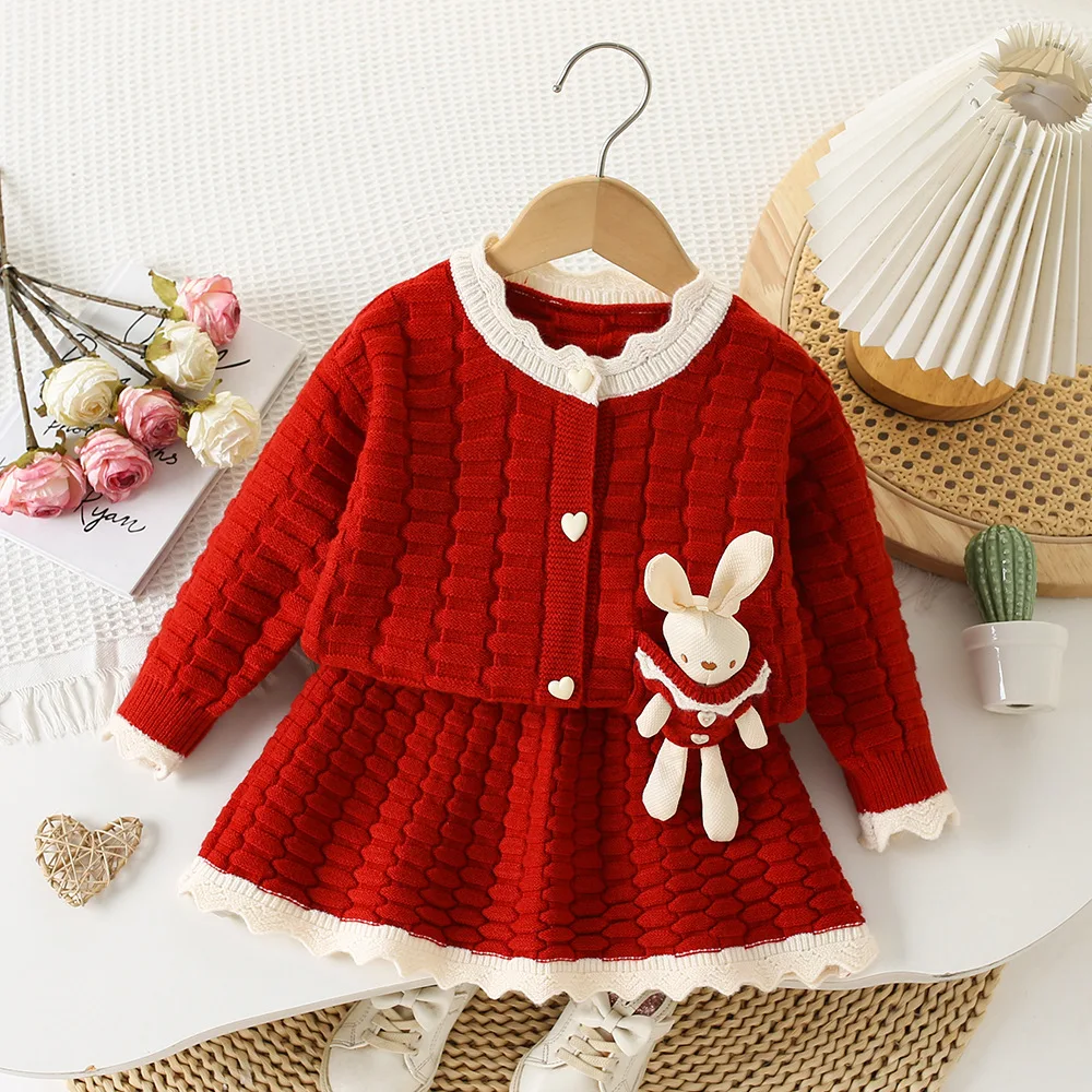 

Girls Knitted Clothes Sets Spring Autumn Children Woolen Jersey Sweaters Tops Skirts Party Dress Suit For Baby Outfits Kids 5 6Y