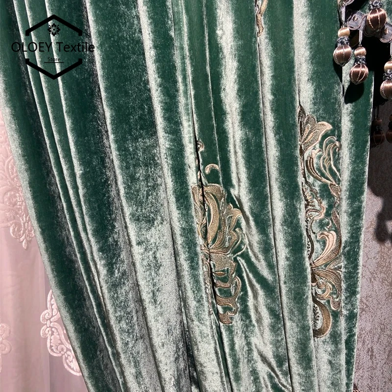 

New Silk Velvet Green Embroidered Curtains for Living Room Bedroom High Window Villa Light Vintage Drapes Custom Rod Pocket
