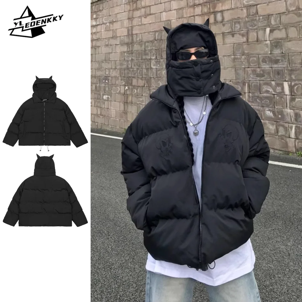 

Hooded Windproof Parka High Street Devil's Horn Masked Cotton Coat American Loose Warm Thickened Jacket Winter Unisex Outerwear