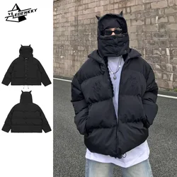 Hooded Windproof Parka High Street Devil's Horn Masked Cotton Coat American Loose Warm Thickened Jacket Winter Unisex Outerwear