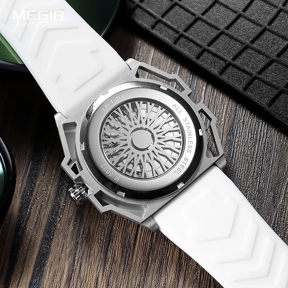 MEGIR Military Sports Automatical Watch Men White Silicone Strap Waterproof Luminous Skeleton Dial Mechanical Wristwatch 8603